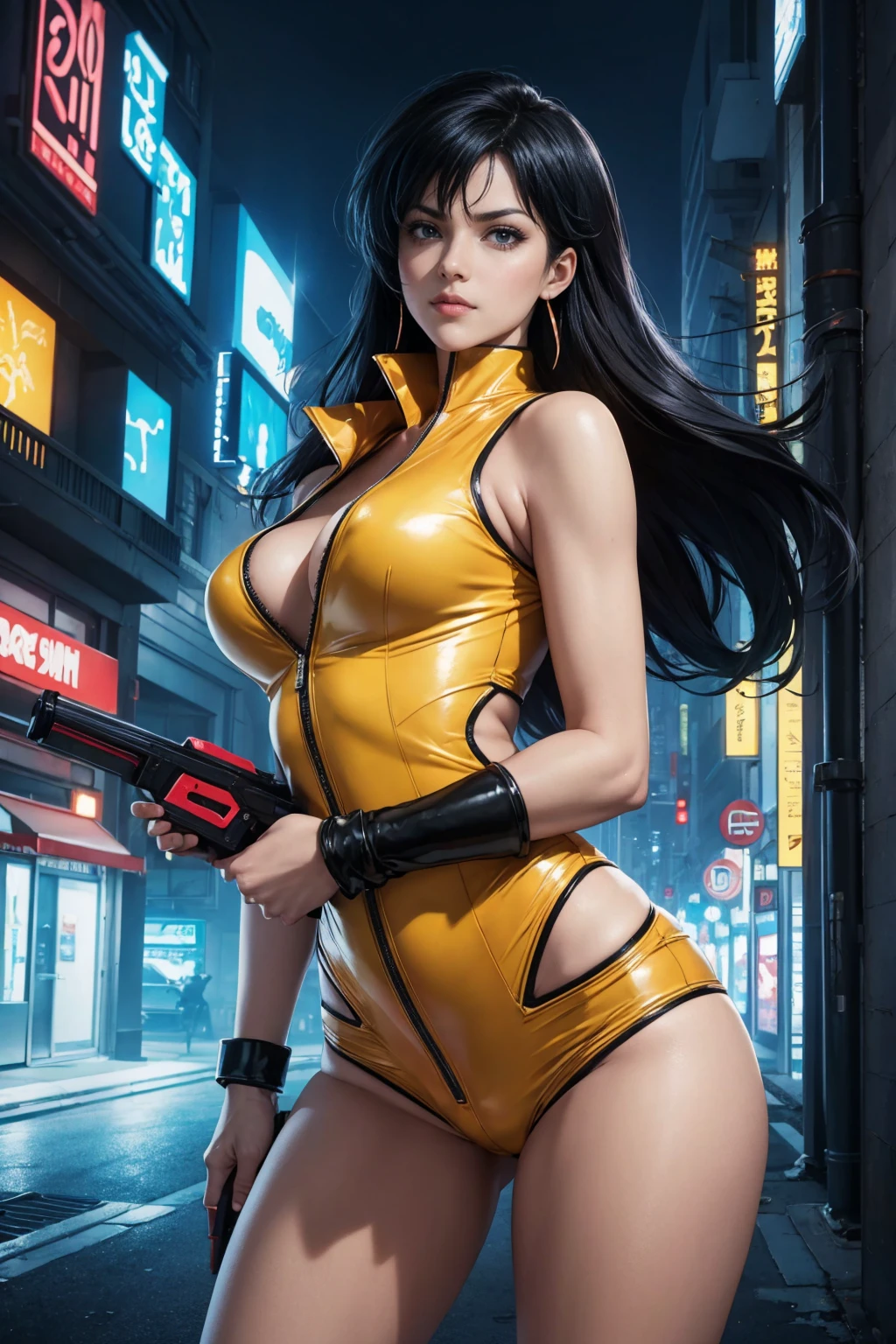 (best quality,ultra-detailed,portrait:1.2),vibrant colors,Yuri from The Dirty Pair,fierce expression,beautiful detailed eyes,arrogant smile,black hair,tight small yellow leather suit with red trim,standing in a futuristic city,holding a high-tech laser gun,glowing neon lights,shadowy alleyways and skyscrapers in the background,sharp and dynamic lighting,gritty atmosphere.