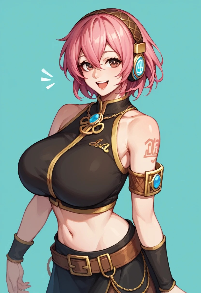 score_9, score_8_up, score_7_up,score_6_up, score_5_up, score_4_up , 1girl, solo, luka megurine, blue eyes, headphones, long hair, pink hair,, arm warmers, armband, bare shoulders, black shirt, black skirt, crop top, midriff, navel, shirt, shoulder tattoo, single arm warmer, skirt, tattoo, huge breasts, meiko, (brown eyes:1.5), brown hair, short hair, happy, cowboy shot, simple background