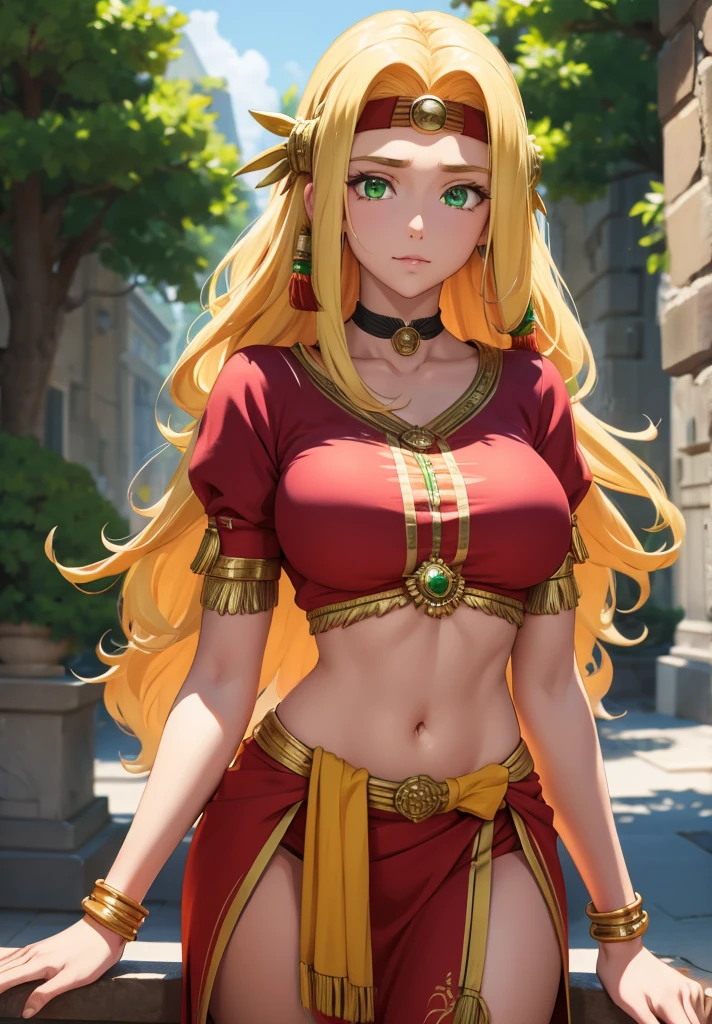 quetzalcoatl, quetzalcoatl, long hair, sidelocks, yellow hair, (green eyes:1.5), wavy hair, (large breast:1.2),
BREAK aztec, bracelet, choker, headband, headdress, jewelry, midriff, navel, short sleeves, wristlet,
BREAK looking at viewer,
BREAK outdoors,
BREAK (masterpiece:1.2), best quality, high resolution, unity 8k wallpaper, (illustration:0.8), (beautiful detailed eyes:1.6), extremely detailed face, perfect lighting, extremely detailed CG, (perfect hands, perfect anatomy),