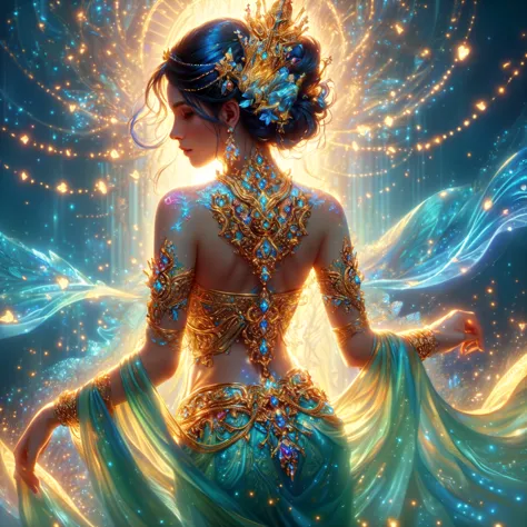 woman in blue dress wearing a golden crown and blue dress, beautiful fantasy art, very beautiful fantasy art, Carol is behind, u...