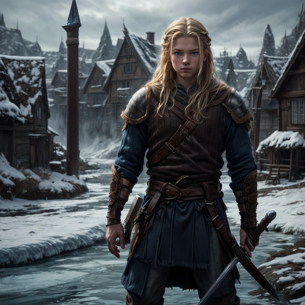 A very young viking boy with long blonde hair, with blue eyes, wearing a blue viking armor and holding a massive sword, standing in a viking village and a frozen river near