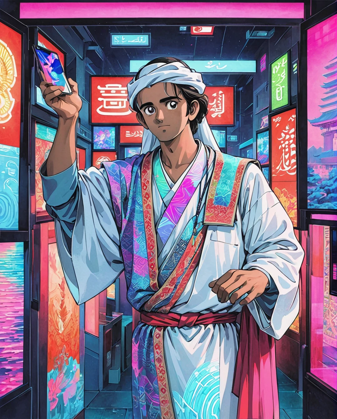 In a futuristic cyberpunk world, a Saudi Arabian man adorned in traditional clothing stands out with a twist of vaporwave aesthetics. This mesmerizing image captures the man in intricate patterns and vibrant colors, blending cultural heritage with modern technology. The artwork, whether it be a digital painting or a photograph, showcases the man's striking juxtaposition of tradition and innovation. Every detail, from the neon accents to the holographic textures, exudes a sense of high-quality artistry that immerses viewers in a unique and visually stimulating experience.