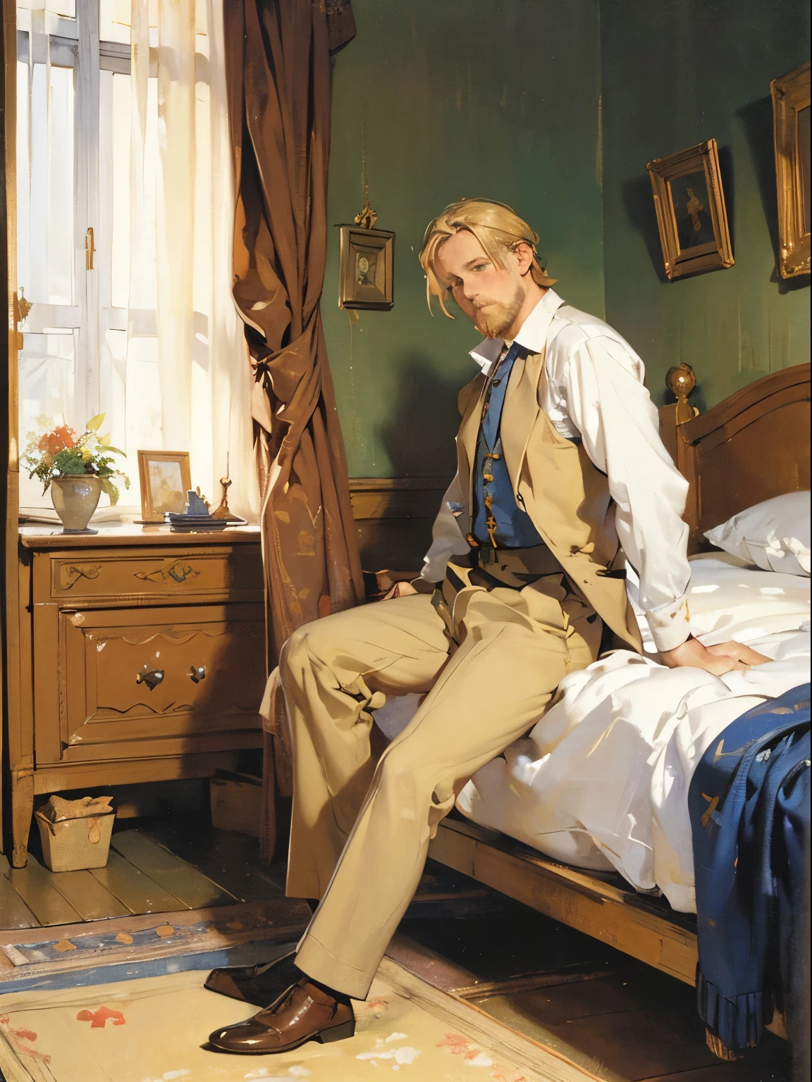 art by (Carl Larsson:1.2),(post-Impressionist),,((oil painting)),soft lighting,COOL, handsome businessman with low back pain wearing lower back support brace, leaning on bed