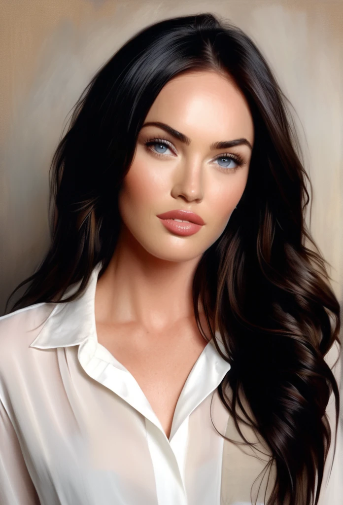 (MeganFox)drawing of the face of a 35 year old woman,long hair,dark haired,white satin shirt