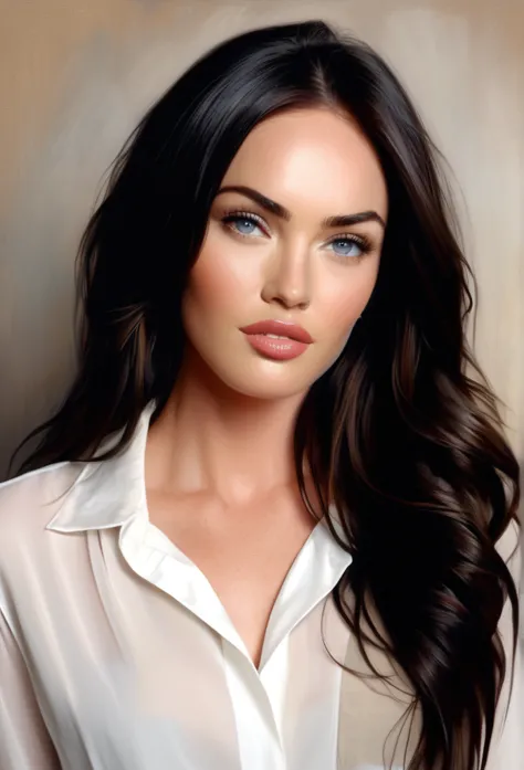 (meganfox)drawing of the face of a 35 year old woman,long hair,dark haired,white satin shirt