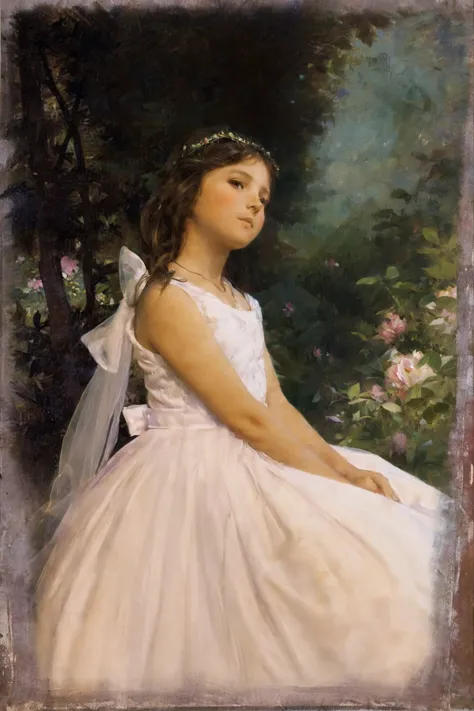 painting of a young girl in a white dress sitting in a garden, inspired by william-adolphe bouguereau, pudica pose bouguereau st...