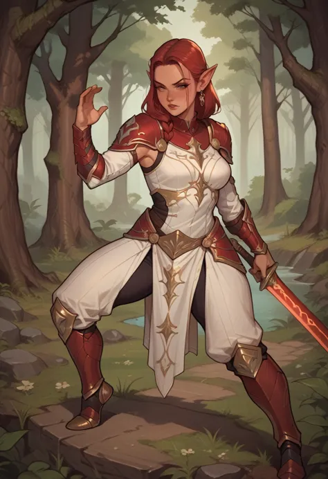 Girl, elf, red head, sensual white armor, stand, fullbody pose, on the forest, holdind a sword