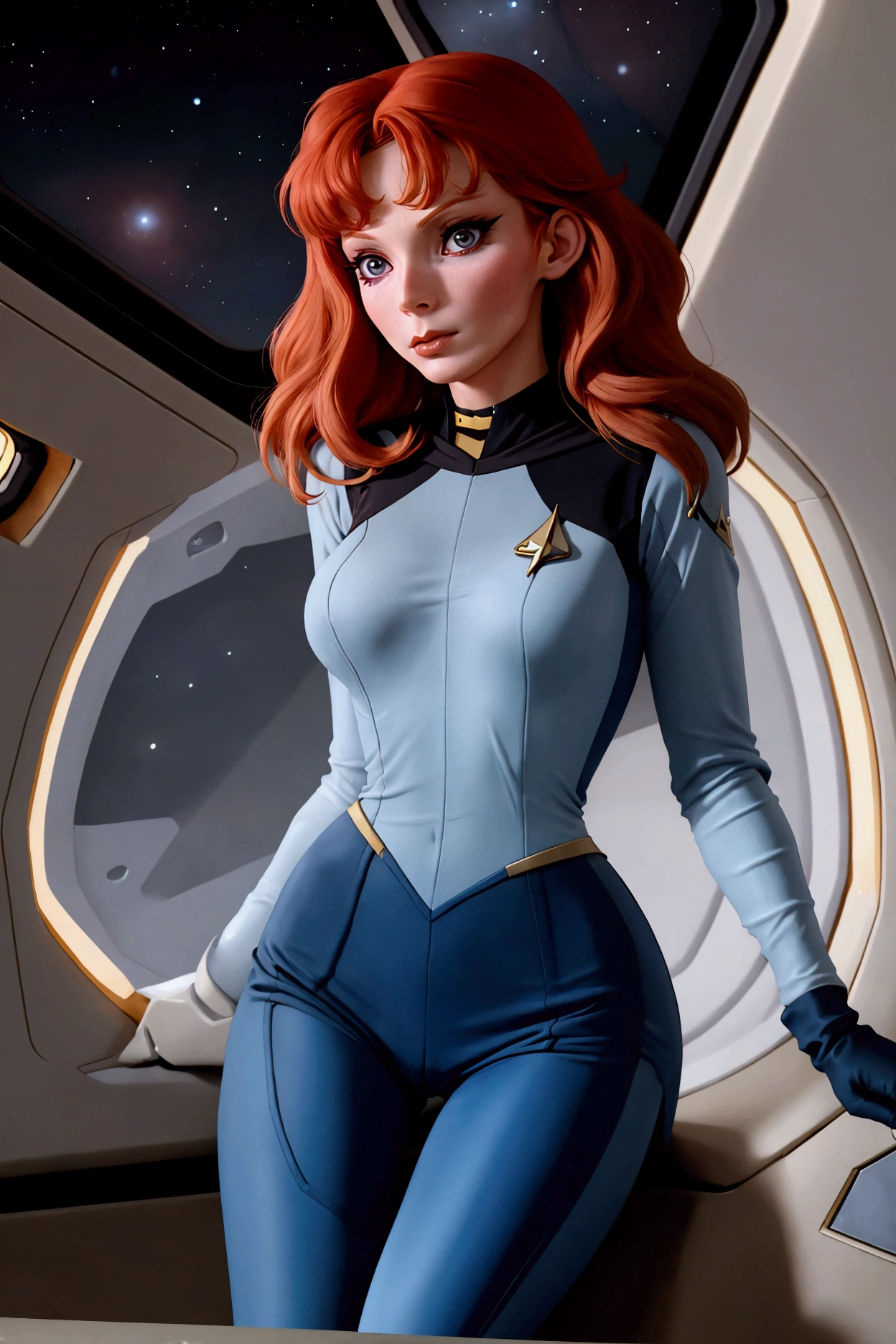 (Trituradora Beverly, 25 años, uniforme sexy y revelador de la flota estelar) Ser una seductora sexy y ardiente mientras cumple con sus deberes en la nave espacial Enterprise.
