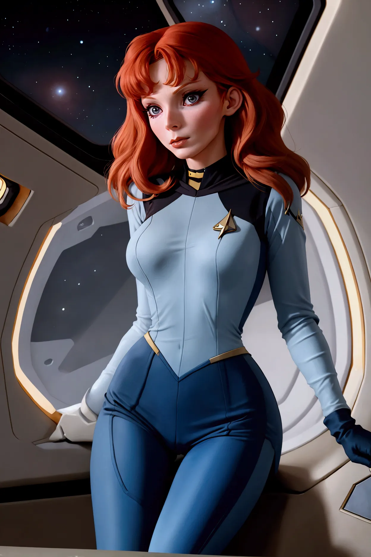 (Beverly Crusher, age 25, sexy revealing star fleet uniform) being a sexy smoldering hot seductress as she goes about her duties...