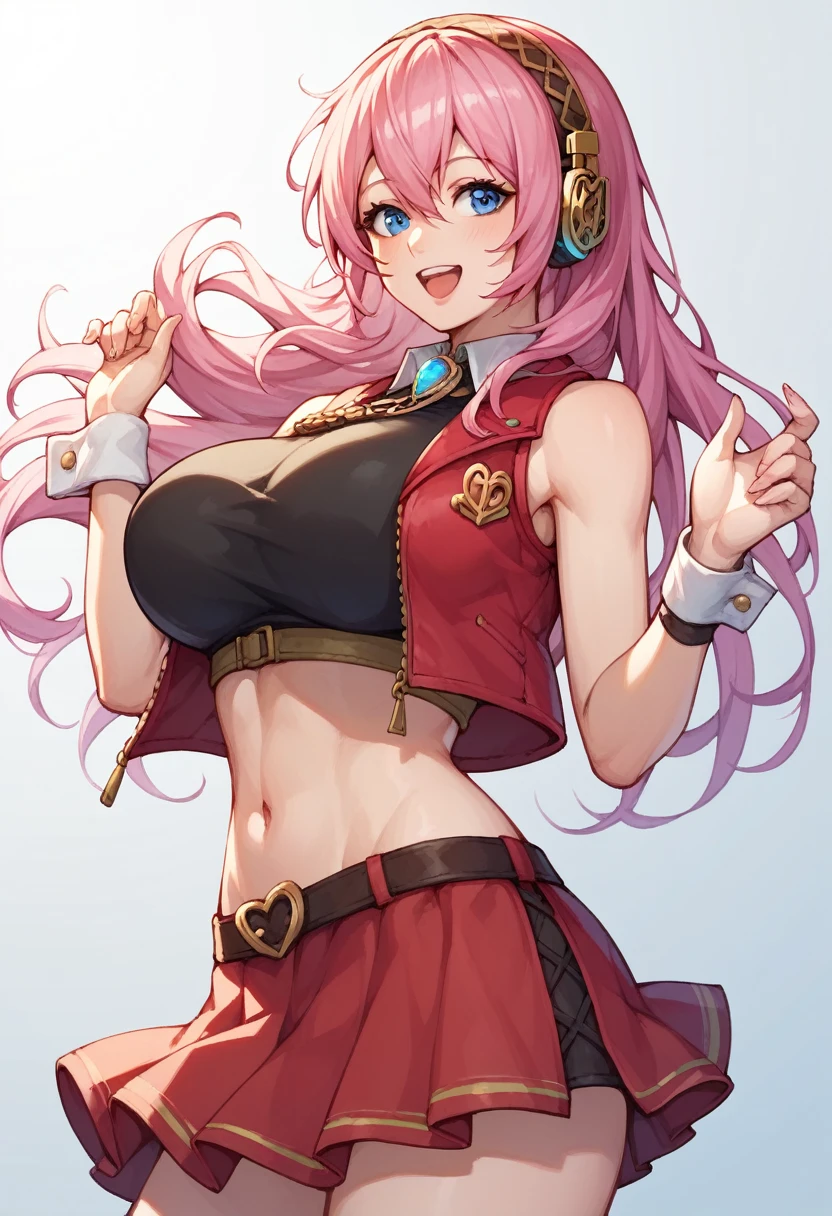 score_9, score_8_up, score_7_up,score_6_up, score_5_up, score_4_up , 1girl, solo, luka megurine, blue eyes, long hair, pink hair, huge breasts, meiko, bare arms, crop top, jacket, midriff, miniskirt, navel, red jacket, red skirt, skirt, sleeveless, sleeveless jacket, wrist cuffs, wrist cuff happy, cowboy shot, simple background