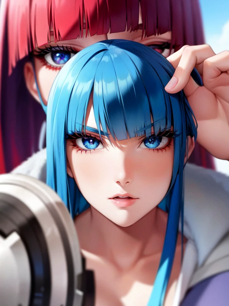 perfects eyes, face perfect, ultra detaild, blue colored eyes, determined, looking to the down, thick eyelashes, eyeliner, Red hair, Blunt bangs