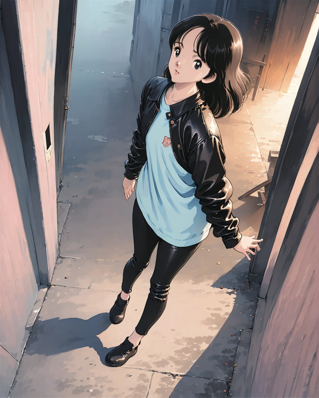 Masterpiece, photorealistic, highly detailed, a young woman with smooth  dark long black hair with bangs and black eyes and black lips, wearing leather jacket and leather pants, standing, looking at camera, in a gloomy smoke filled alley at night with a full moon, BREAK, Art style by Yoshiaki Kawajiri and Tsukasa Hojo and Toshihiro Kawamoto - -intricately detailed face - -80s and 90s anime still - -1980s retro anime - -1980s and 1990s anime retro nostalgia -highly detailed profile BREAK, ARISTYLE4, Soft Pastel -depth of field, Cinematic Angles, Dynamic angles, (((masterpiece))), perfect face, ((full body shot)),