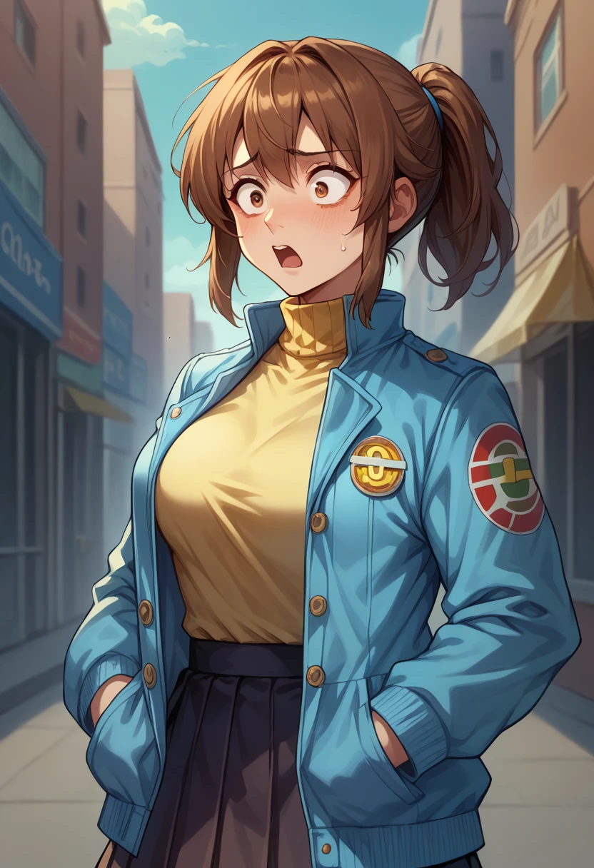 score_9, score_8_up, score_7_up, (female1.5), female focus, female body, 1girl, solo, lloyd,  brown hair, meidum hair, brown eyes, blue jacket, white jacket, yellow turtleneck, breasts, skirt, standing, grabbing her jacket, opening jacket, shocked face, looking herself, city