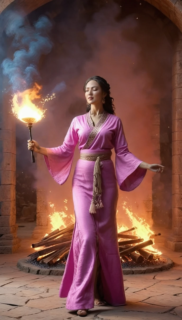 beautiful woman priestess wearing a pink shirt standing in front of fire, dancing, waving a fan, fans are burning, flames engulfing the high priestess, burning battlefield background, high frequency, rich details, masterpiece, 8K