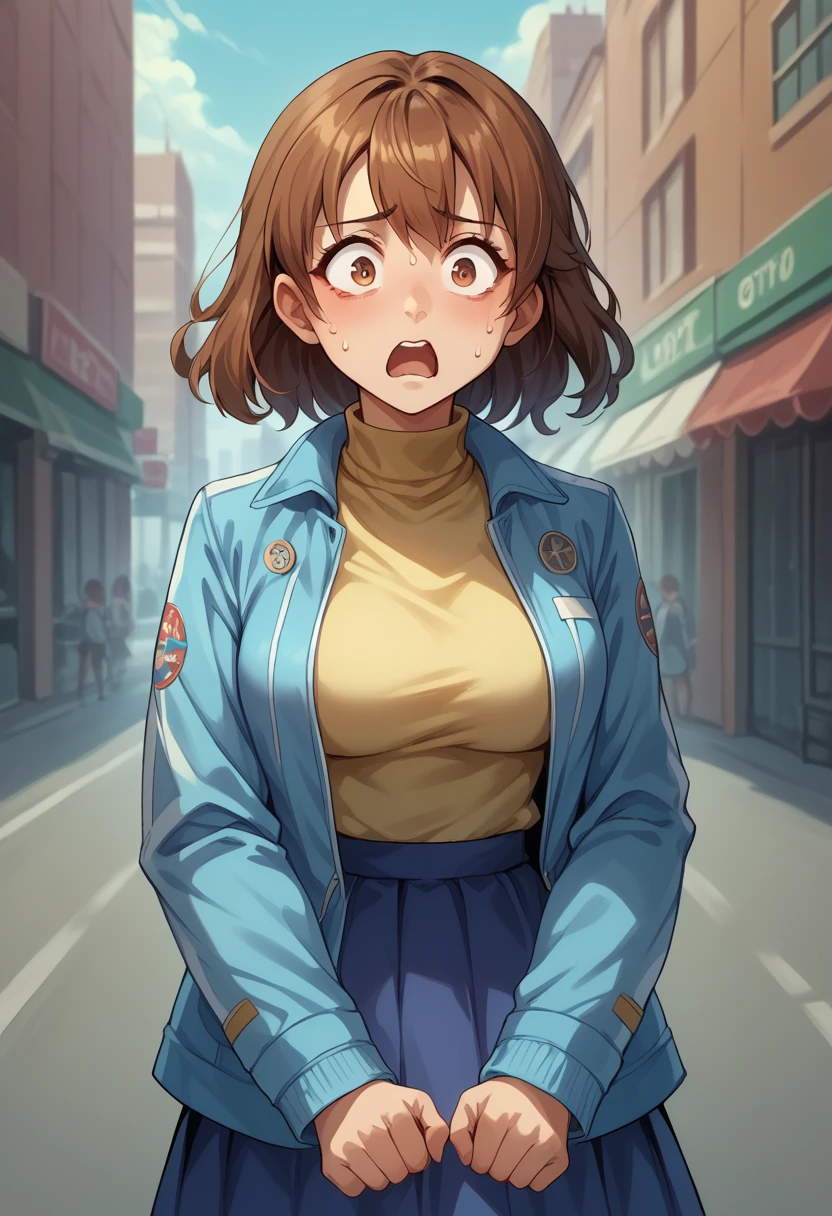 score_9, score_8_up, score_7_up, (female1.5), female focus, female body, 1girl, solo, lloyd,  brown hair, meidum hair, brown eyes, blue jacket, white jacket, yellow turtleneck, breasts, skirt, standing, grabbing her jacket, opening jacket, shocked face, looking herself, city