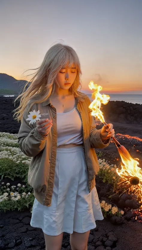 one girl, bangs, breathing fire, combustion, burnt clothes, 残りfire, ahoge, beige hair, multicolored hair, fire, inflammation, in...