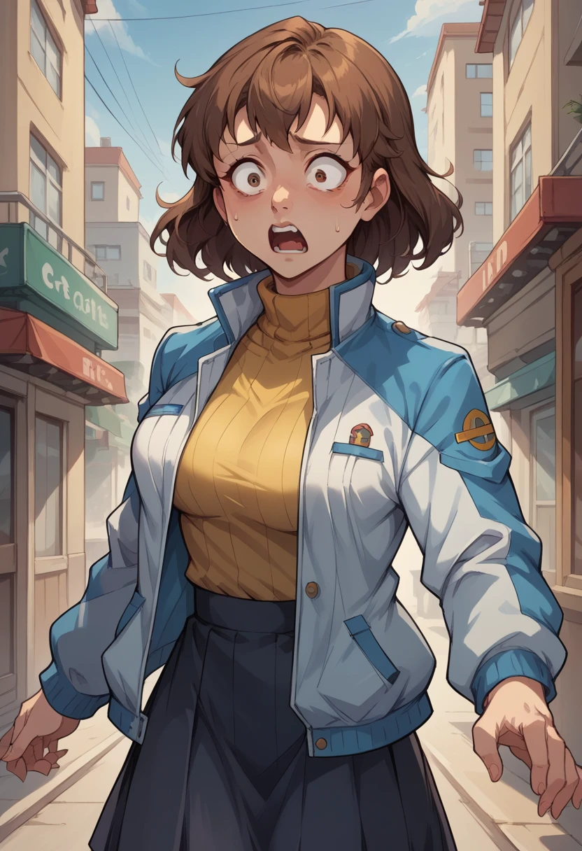 score_9, score_8_up, score_7_up, (female1.5), female focus, female body, 1girl, solo, lloyd,  brown hair, meidum hair, brown eyes, blue jacket, white jacket, yellow turtleneck, breasts, skirt, standing, grabbing her jacket, opening jacket, shocked face, looking herself, city