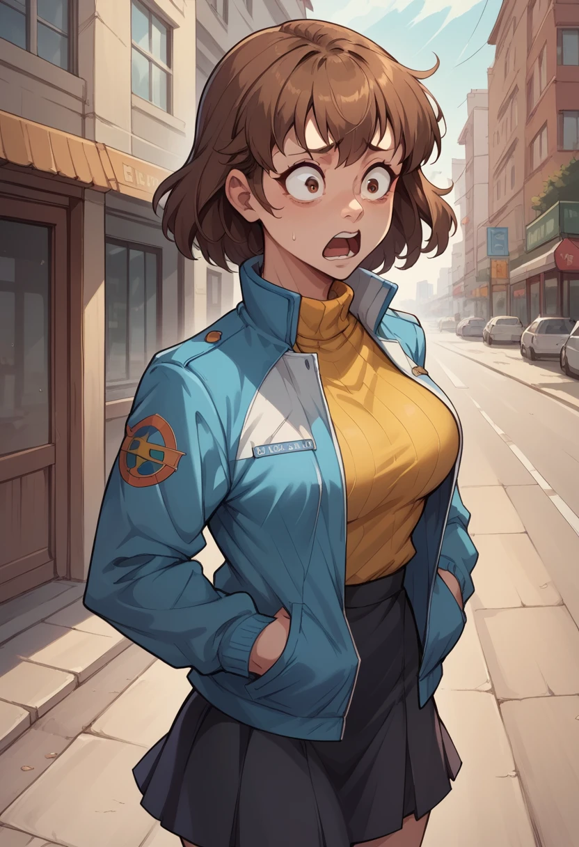 score_9, score_8_up, score_7_up, (female1.5), female focus, female body, 1girl, solo, lloyd,  brown hair, meidum hair, brown eyes, blue jacket, white jacket, yellow turtleneck, breasts, skirt, standing, grabbing her jacket, opening jacket, shocked face, looking herself, city