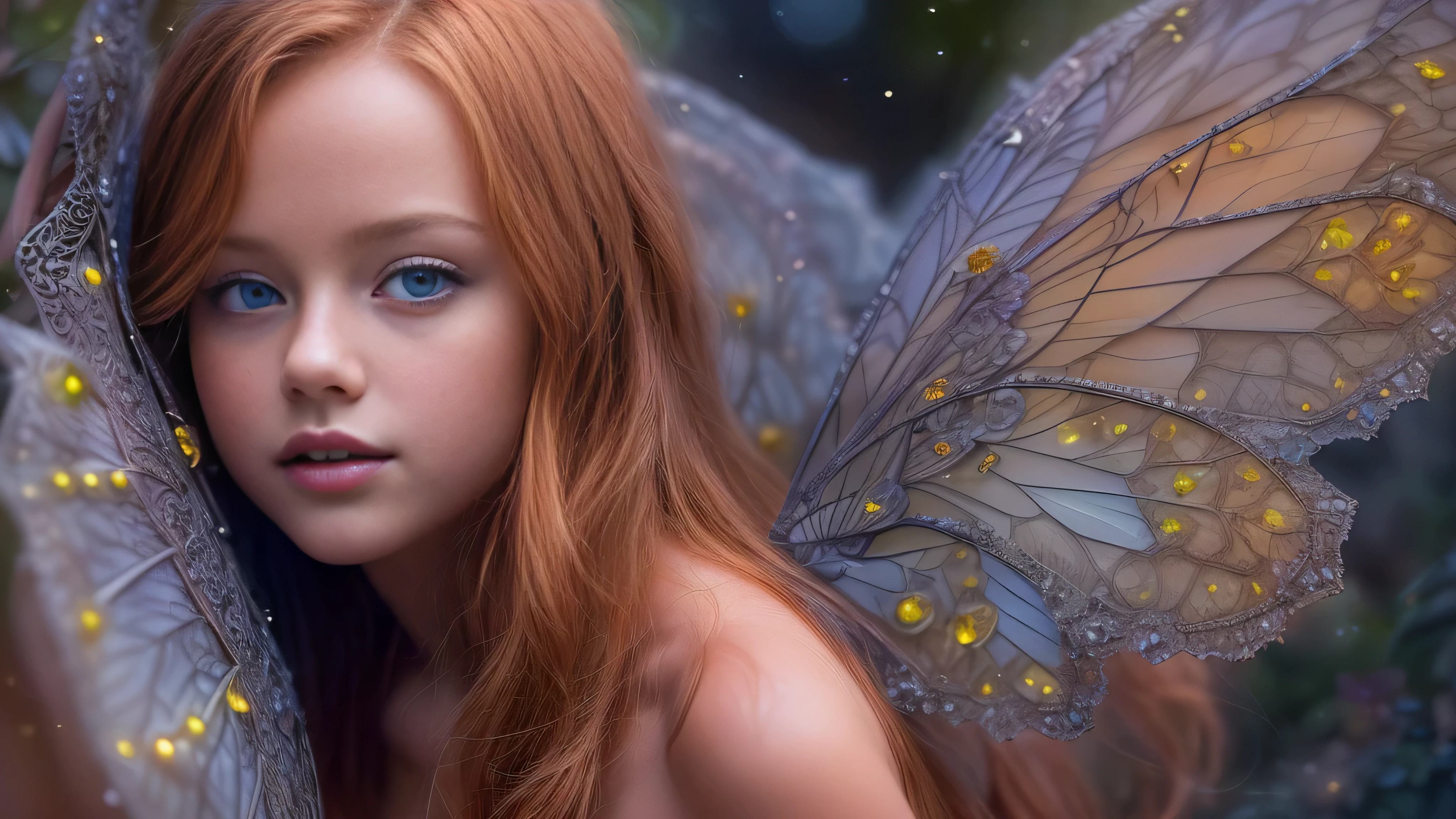 (Kristina Pimenova ginger hair teen girl, as beautiful and delicate nude fairy, tiny and enchanting without bra and naked, hand between legs:1.8),(intricate detail is carefully rendered, showcasing their intricate wings glistening in vibrant colors and their bodies adorned with intricate patterns:1.8), (naked, nude:1.8), ((Without clothes, no bra:1.8)),(long, messy hair, hair floating in the wind:1.6), blue eyes, detailed eyes, detailed lips, (lies nude, sensual, full body:1.5), (photo from different angles:1.5), (lies in stunning interior of an old gothic garden at night, moonlight, fog, dust:1.6), low neck, ray tracing, (best quality, 4k, 8k, high resolution, masterpiece:1.2), very detailed, (realistic , photorealistic, photorealistic :1.37), HDR, UHD, masterpiece, professional, vivid colors, bokeh, studio lighting