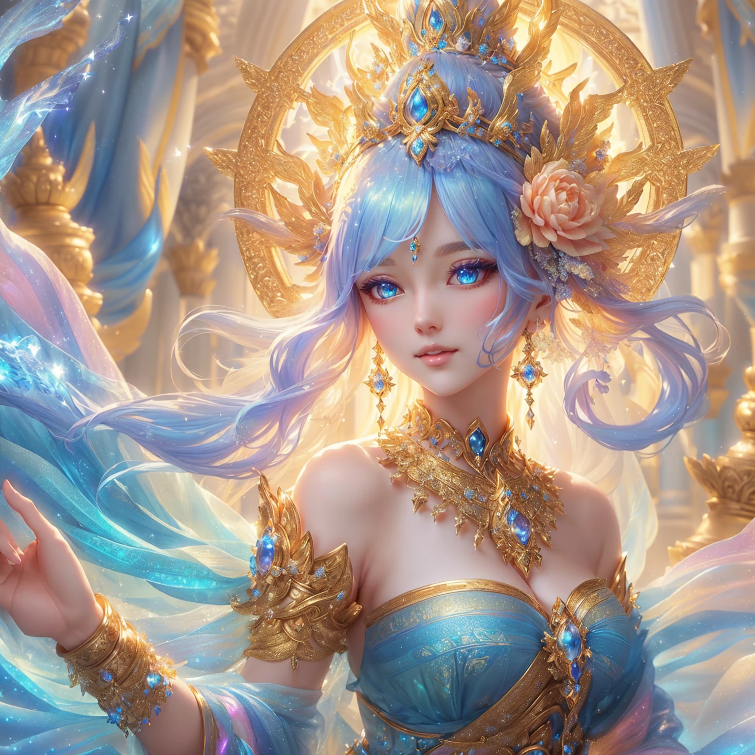 Woman in blue dress holding glowing ball in front of castle, Beautiful Fantasy Empress, goddess of light, beautiful heavenly mage, beautiful goddess, goddess. Very high detail, extremely detailed goddess shot, artgerm from artstation pixiv, Fantasy anime artwork, ((Beautiful Fantasy Empress)), anime goddess, celestial goddess, beautiful fantasy art