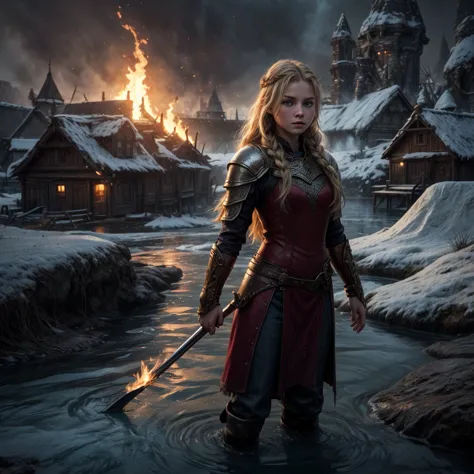A viking girl with long blonde hair, with blue eyes, wearing a red armor standing in a viking village and a frozen river near su...