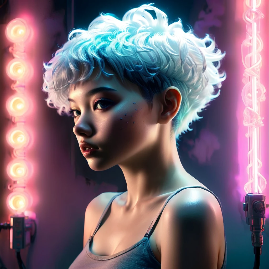 Black tomboy girl with cropped hair, Illustrated by Aoiro Studio and Masaaki Komori, hyper detailed, neon lights, cinematic lighting, matte painting, Illustrated in the style of oil painting, trending on artstation, Modern Art, Surreal and fairytale atmosphere.