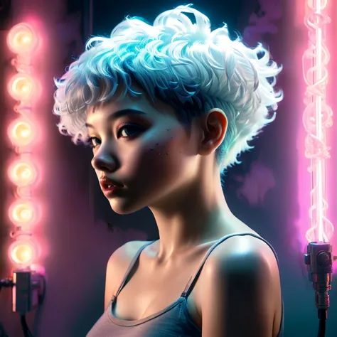 black tomboy girl with cropped hair, illustrated by aoiro studio and masaaki komori, hyper detailed, neon lights, cinematic ligh...