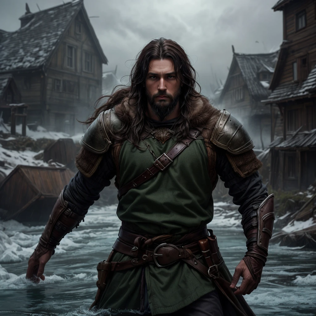 A young man with dark hair and a goatee beard, dark eyes, wearing a green armor standing in a viking village and a frozen river nearby, the wind blows like a hurricane