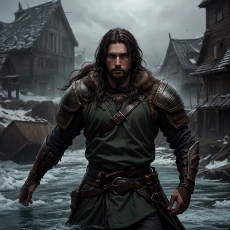 A young man with dark hair and a goatee beard, dark eyes, wearing a green armor standing in a viking village and a frozen river ...