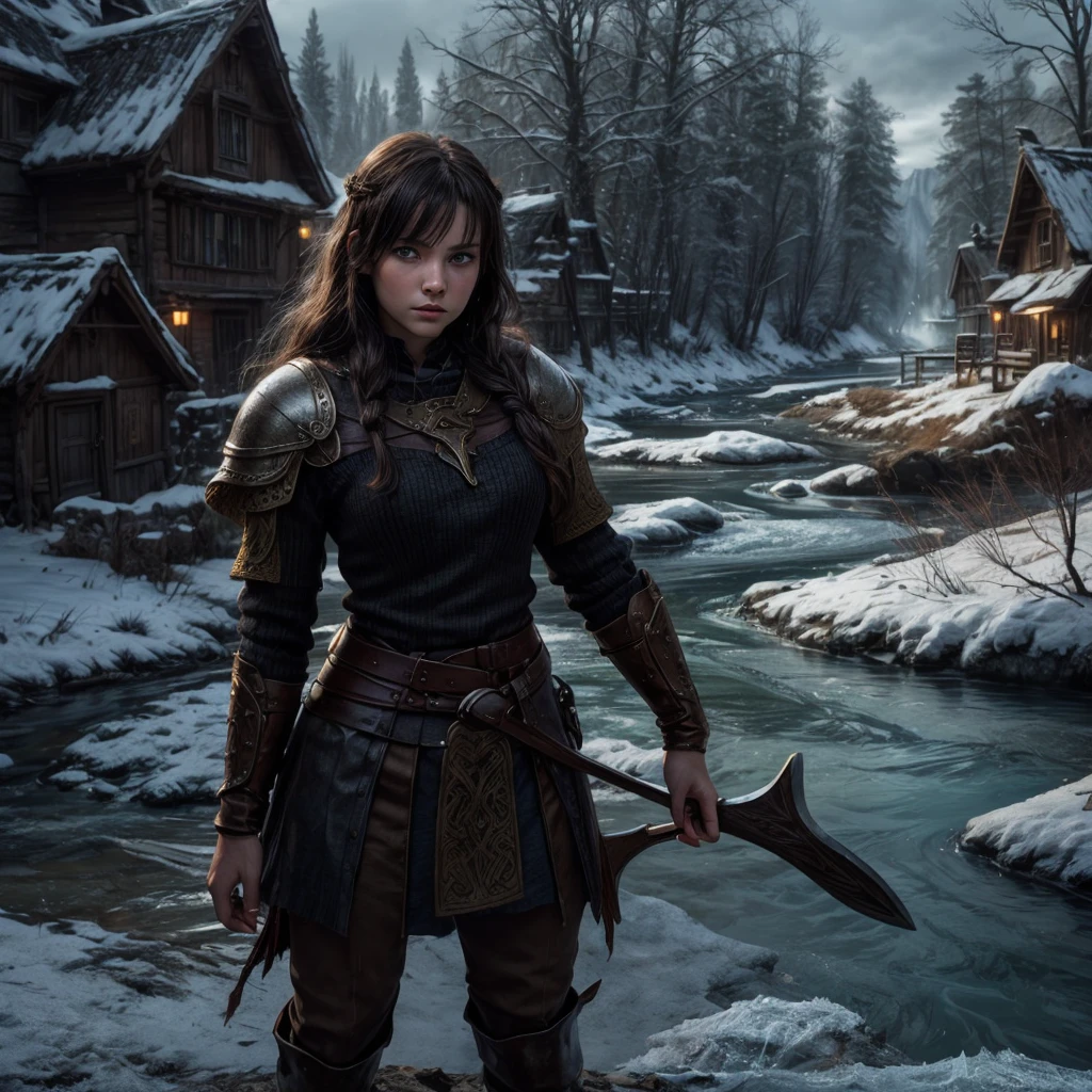 A young viking woman with dark hair, with blue eyes, wearing a yellow armor standing in a viking village and a frozen river nearby