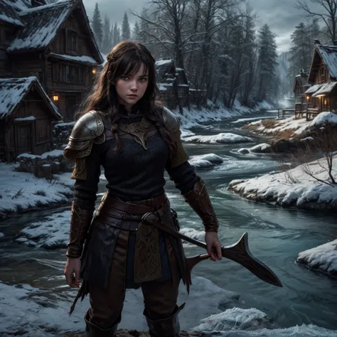 A young viking woman with dark hair, with blue eyes, wearing a yellow armor standing in a viking village and a frozen river near...
