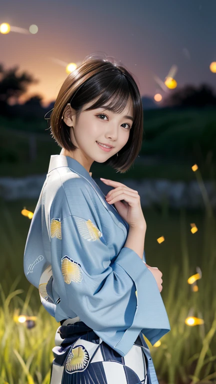 masterpiece, Highest quality, RAW Photos, Ultra-high resolution, Realistic, (16 years old,From the side, Baby Face, Cute Face, Perfect body, The waist is slim、The body is rich, Thin legs,), Realistic Skin, Angle from below), ((Japanese light blue yukata))、Long sleeves、Blue flower pattern、A rural grassland、stream、((Night Sky))、(((Fireflies on your fingertips)))、 Round face, Black Hair, Cute Smile, Shining Eyes, Short Bob Cut, bangs, A slight blush, (View your audience, stretch), Natural light, full length