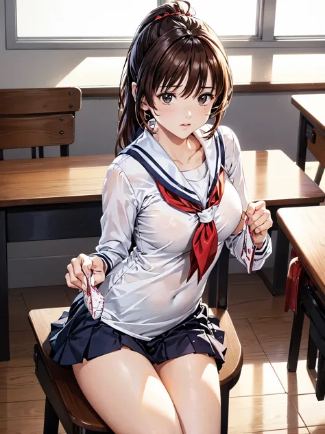 (((masterpiece, Highest quality, High resolution, 超High resolution, Perfect Pixel, Depth of written boundary, 4K, RTTX 10.0))), Beautiful Anime Woman, Beautiful art style, Anime characters, ((Smooth texture, Realistic texture, Anime CG Style)), Exact finger count、Exact number of legs、(Exact number of arms:1.0, Exact number of hands:1.0), (Perfect hands, Perfect Anatomy), Cinematic, Realistic, Extremely detailed CG, Daytime lighting, Perfect lighting, Best Shadow, The best natural light, whole body, Perfect body, バランのとれたPerfect body, Perfectly balanced style, Slender body, ((Long Hair, bangs, Reddish brown hair, ponytail)), ((A cute adult woman is holding her panties in both hands and showing them, holding panties, presenting panties:1.8)), ((Sailor suit tops, Sailor collar, White shirt, Navy pleated mini skirt:1.3), (Knee-high socks:1.3):1.3), (Beautiful and big breasts:1), (Very embarrassed look:1.6), blush, (School classroom, School desks and chairs in the background:1.6), Angle from the front, (Sexy and cute panties:1.45), Iori