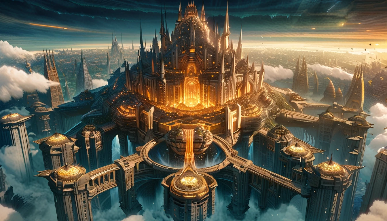 a close up of a city in the sky with a lot of clouds, cathedral of sun, huge futuristic temple city, big and structured valhalla city, floating city in the sky, futuristic castle, fantasy architecture, elden ring capitol, floating city on clouds, lothlorien, epic castle with tall spires, marc simonetti. intricate