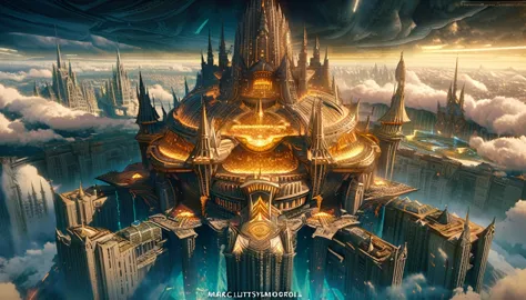 a close up of a city in the sky with a lot of clouds, cathedral of sun, huge futuristic temple city, big and structured valhalla...