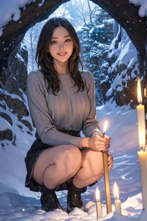 hundreds of candles lit in a snow cave in snow country, sweater and skirt, wonderful, masterpiece, at night, cute girl smiling, ...