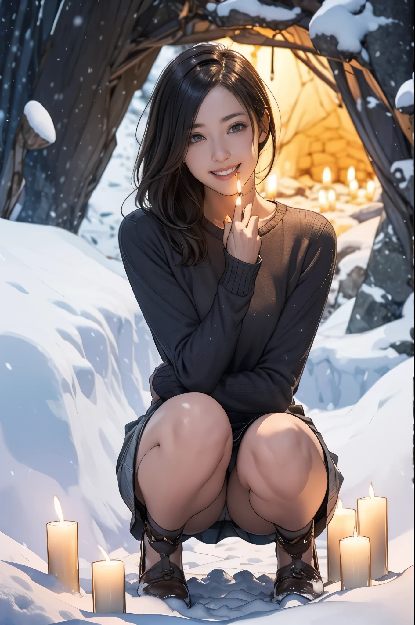 Hundreds of candles lit in a snow cave in Snow Country, Sweater and skirt, wonderful, masterpiece, At night, Cute girl smiling, Crouching down, looking straight ahead