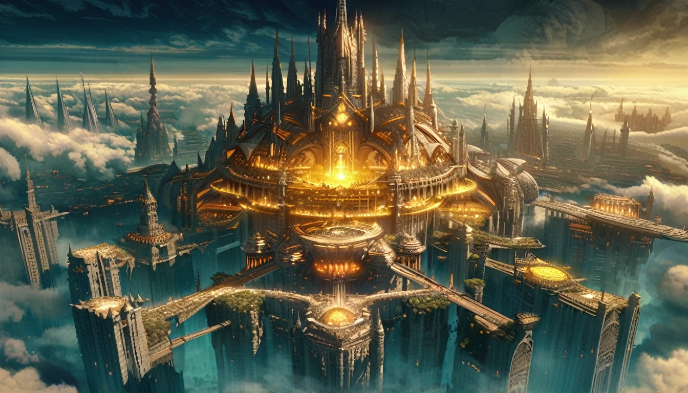 a close up of a city in the sky with a lot of clouds, cathedral of sun, huge futuristic temple city, big and structured valhalla city, floating city in the sky, futuristic castle, fantasy architecture, elden ring capitol, floating city on clouds, lothlorien, epic castle with tall spires, marc simonetti. intricate