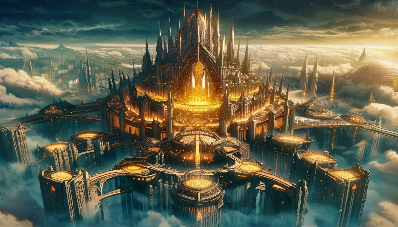 a close up of a city in the sky with a lot of clouds, cathedral of sun, huge futuristic temple city, big and structured valhalla city, floating city in the sky, futuristic castle, fantasy architecture, elden ring capitol, floating city on clouds, lothlorien, epic castle with tall spires, marc simonetti. intricate