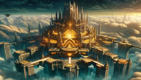 a close up of a city in the sky with a lot of clouds, cathedral of sun, huge futuristic temple city, big and structured valhalla...