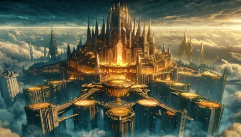 a close up of a city in the sky with a lot of clouds, cathedral of sun, huge futuristic temple city, big and structured valhalla city, floating city in the sky, futuristic castle, fantasy architecture, elden ring capitol, floating city on clouds, lothlorien, epic castle with tall spires, marc simonetti. intricate