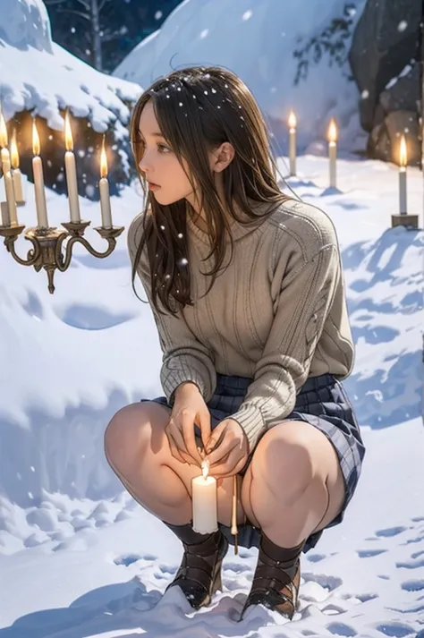 hundreds of candles lit in a snow cave in snow country, sweater and skirt, wonderful, masterpiece, at night, cute 13 year old gi...