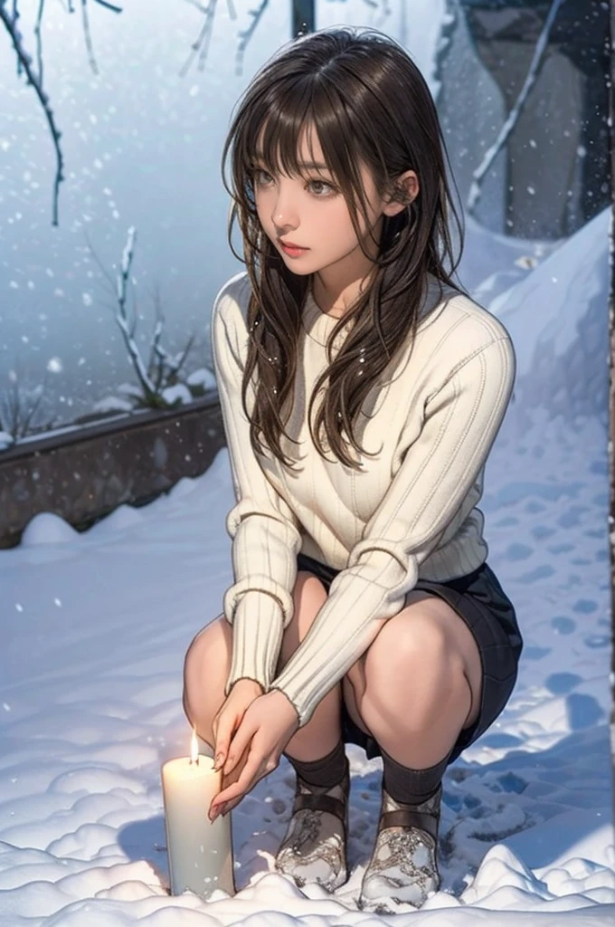 Hundreds of candles lit in a snow cave in Snow Country, Sweater and skirt, wonderful, masterpiece, At night, Cute 13 year old girl, Crouching down, looking straight ahead