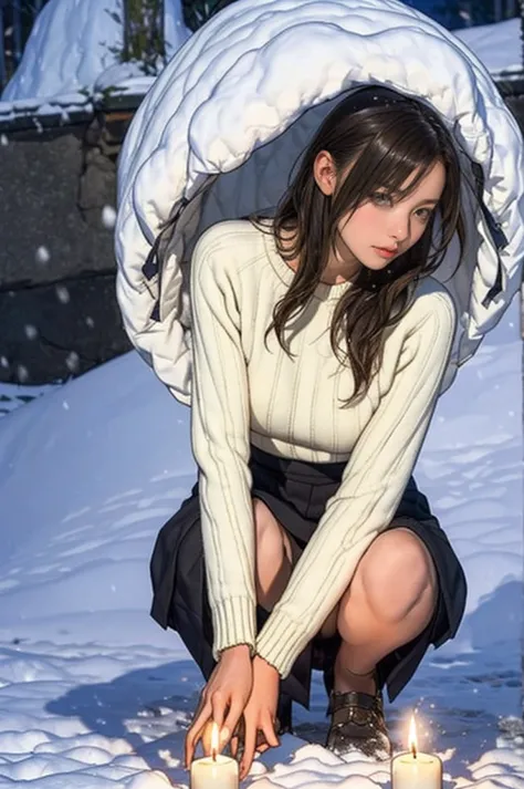 hundreds of candles lit in a snow cave in snow country, sweater and skirt, wonderful, masterpiece, at night, cute 13 year old gi...