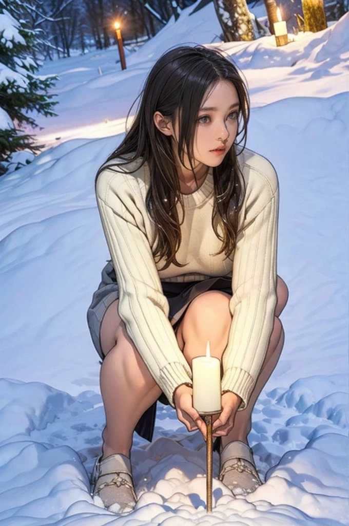 Hundreds of candles lit in a snow cave in Snow Country, Sweater and skirt, wonderful, masterpiece, At night, Cute 13 year old girl, Crouching down, looking straight ahead