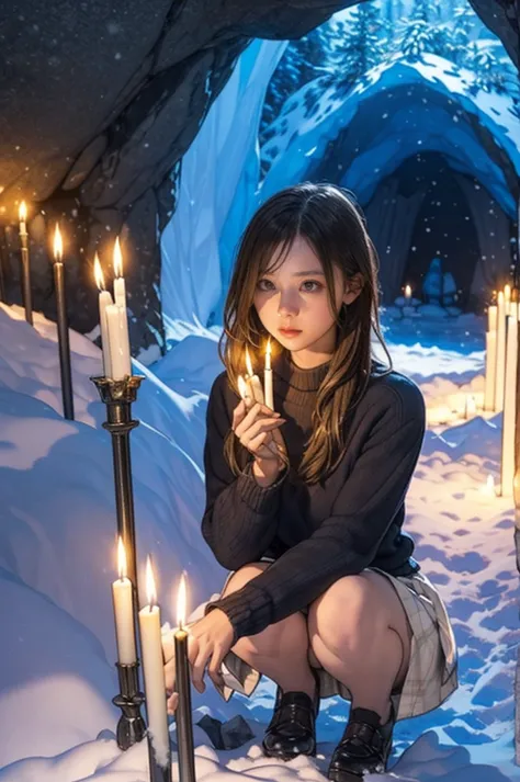 hundreds of candles lit in a snow cave in snow country, sweater and skirt, wonderful, masterpiece, at night, cute 13 year old gi...