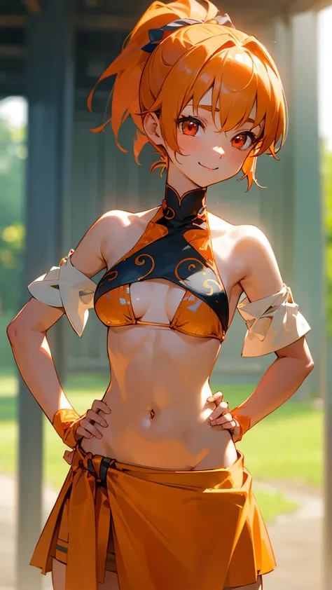 1 girl、、Sharp focus、(Bokeh) (Highest quality) (Detailed skin:1.3) (Intricate details) (anime)、Orange Hair、ponytail、Beautiful red eyes、18-year-old、(Keep your hands on your hips)、chest、Slim figure、bikini、A pareo skirt with bold ethnic patterns and plenty of primary colors、Realistic Skin、Glowing Skin, Sunburned skin、Cowboy Shot、Side body、smile、smile、Park in the background、Soft lighting