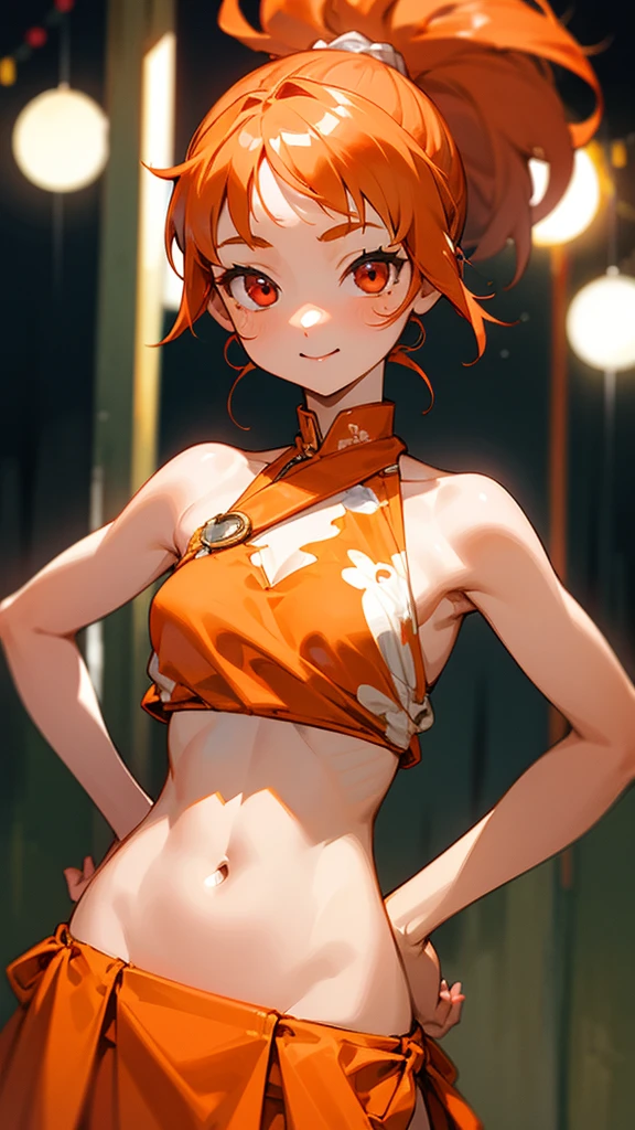 1 girl、、Sharp focus、(Bokeh) (Highest quality) (Detailed skin:1.3) (Intricate details) (anime)、Orange Hair、ponytail、Beautiful red eyes、1、(Keep your hands on your hips)、chest、Slim figure、bikini、A pareo skirt with bold ethnic patterns and plenty of primary colors、Realistic Skin、Glowing Skin, Sunburned skin、Cowboy Shot、Side body、smile、smile、Park in the background、Soft lighting