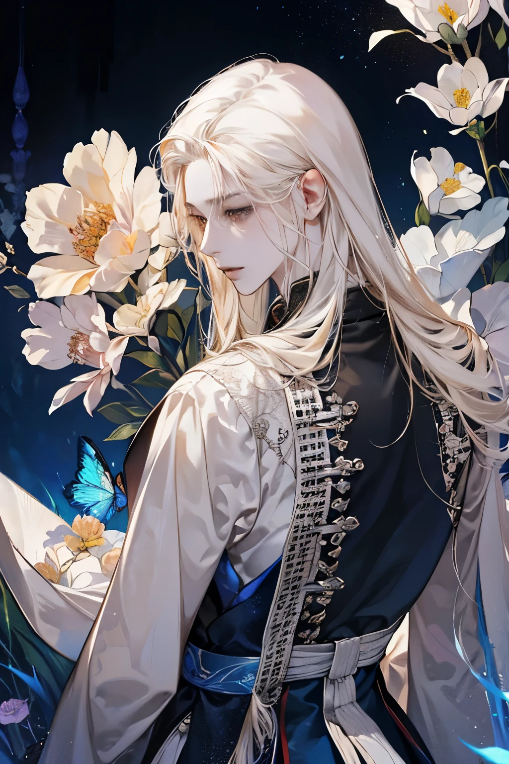 male性，male，Platinum Blonde，Long Hair，magic，count，good looking，Soft lighting，water ink，Low saturation，Low contrast，flower，薔薇のflower束，Intimidating and charismatic，nice，dignity，Threatening