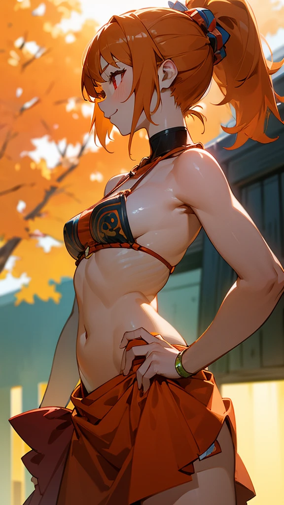 1 girl、、Sharp focus、(Bokeh) (Highest quality) (Detailed skin:1.3) (Intricate details) (anime)、Orange Hair、ponytail、Beautiful red eyes、18-year-old、(Keep your hands on your hips)、chest、Slim figure、bikini、A pareo skirt with bold ethnic patterns and plenty of primary colors、Realistic Skin、Glowing Skin, Sunburned skin、Cowboy Shot、Side body、smile、profile、Park in the background、Soft lighting